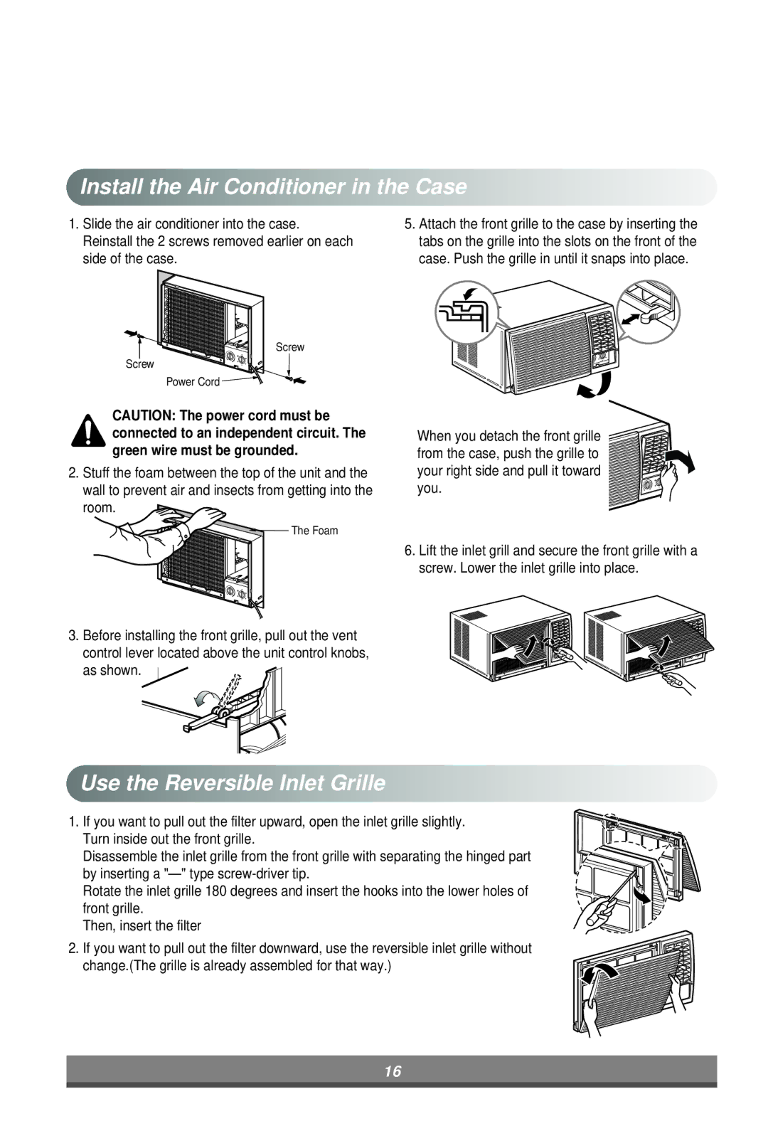 LG Electronics W121CM, W122CM, W081CA manual Install the Air Conditioner in the Case, Use the Reversible Inlet Grille 