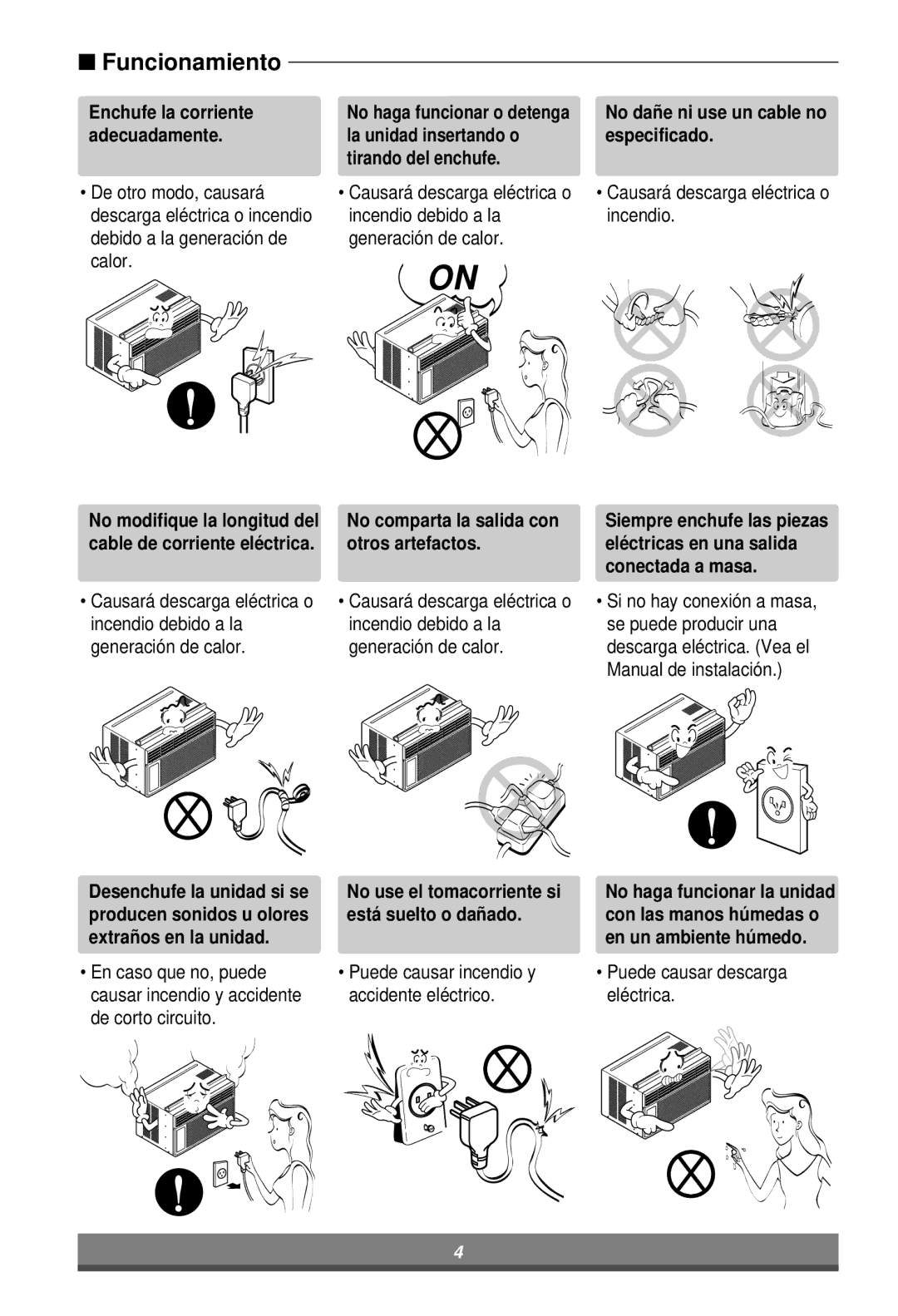 LG Electronics W081CA manual Enchufe la corriente, No comparta la salida con otros artefactos, Causará descarga eléctrica o 