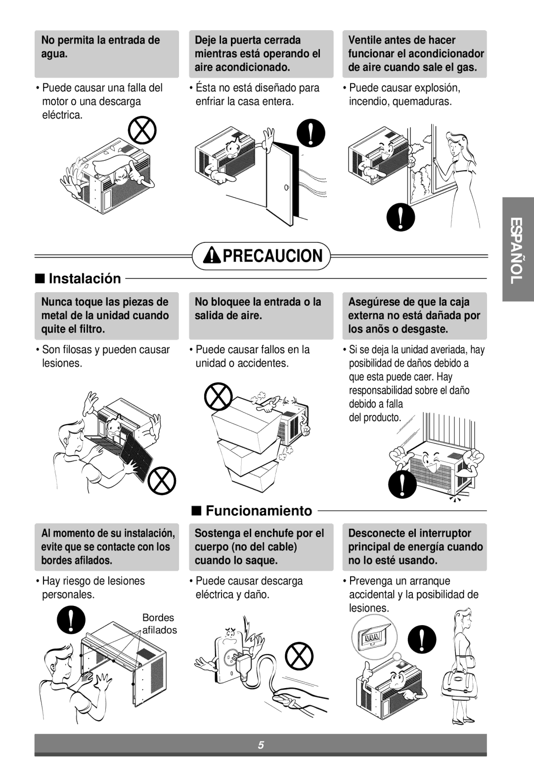 LG Electronics W122CM, W121CM, W081CA No permita la entrada de agua, Nunca toque las piezas de No bloquee la entrada o la 