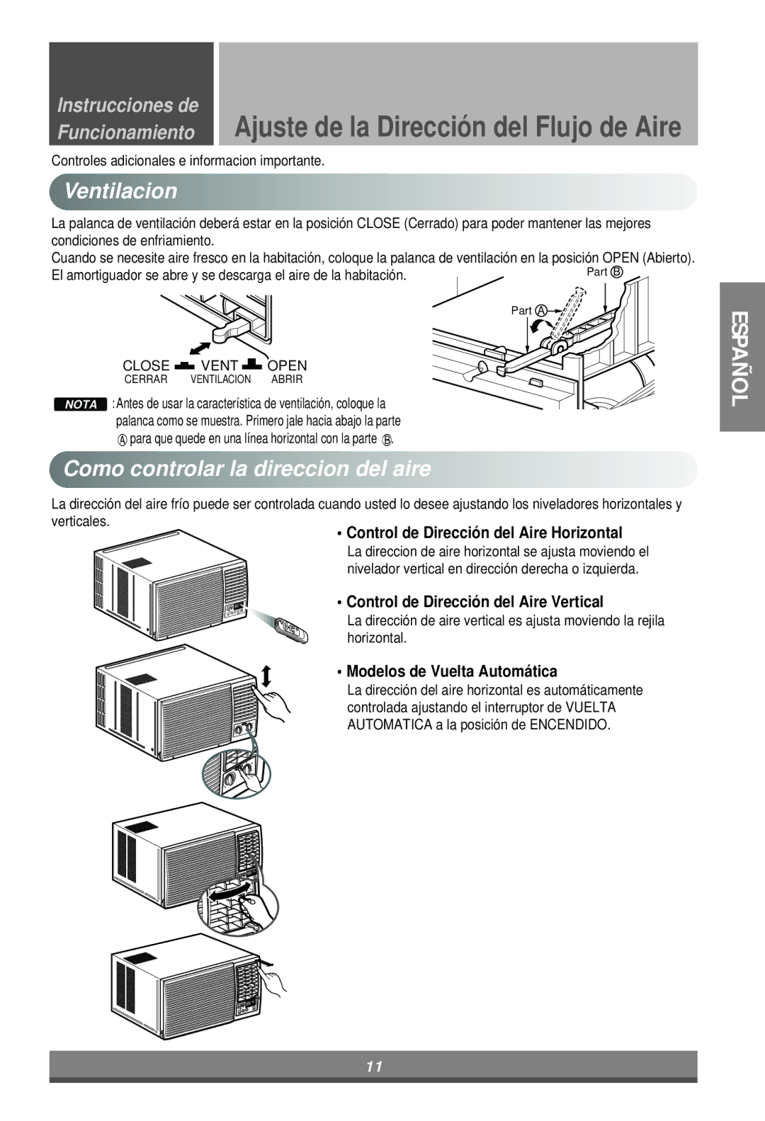 LG Electronics W122CM, W121CM Ventilacion, Como controlar la direccion del aire, Control de Direcció n del Aire Horizontal 