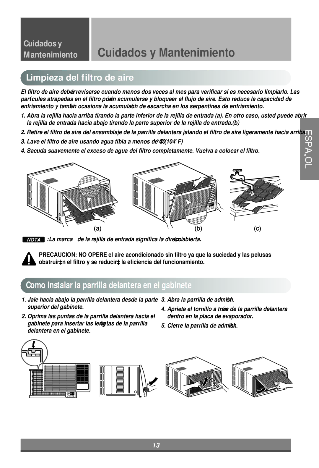 LG Electronics W081CA, W122CM, W121CM manual Cuidados y Mantenimiento, Limpieza del filtro de aire 