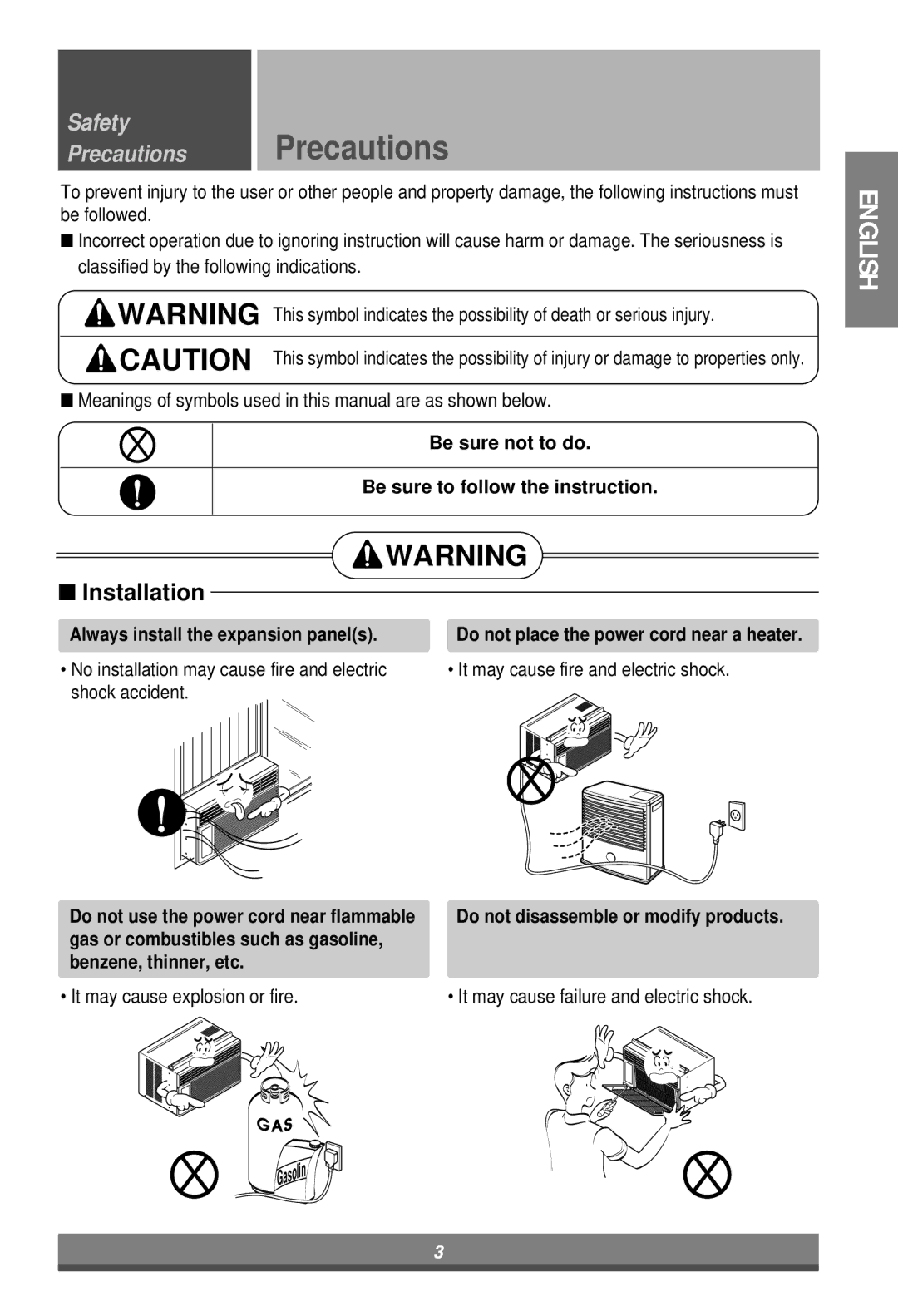 LG Electronics W122CM, W121CM Be sure not to do Be sure to follow the instruction, Always install the expansion panels 