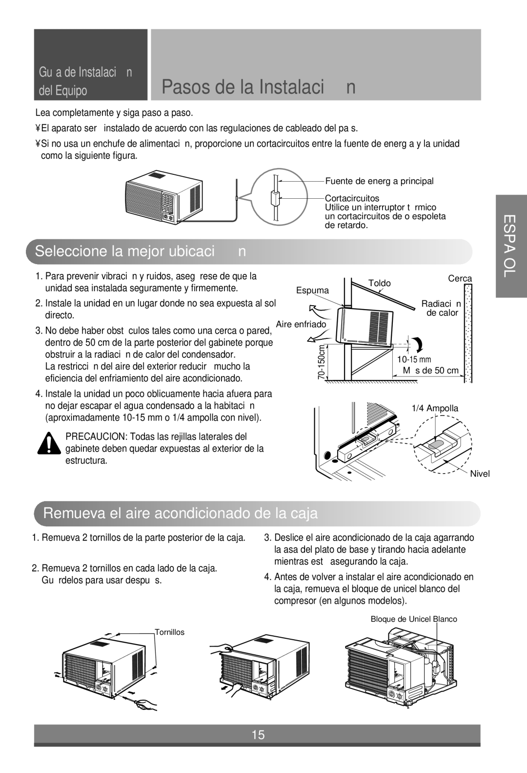 LG Electronics W121CM Pasos de la Instalació n, Seleccione la mejor ubicació n, Remueva el aire acondicionado de la caja 