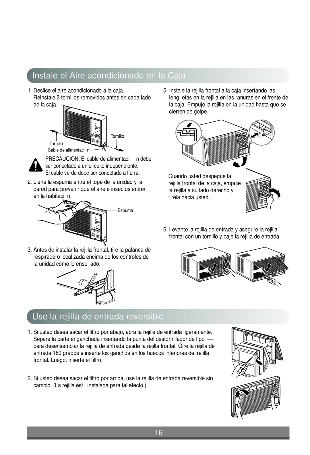 LG Electronics W081CA, W122CM, W121CM manual Instale el Aire acondicionado en la Caja, Use la rejilla de entrada reversible 