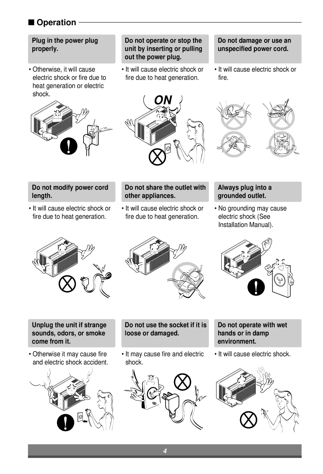 LG Electronics W121CM Plug in the power plug properly, Do not modify power cord length, Do not operate or stop, Shock 