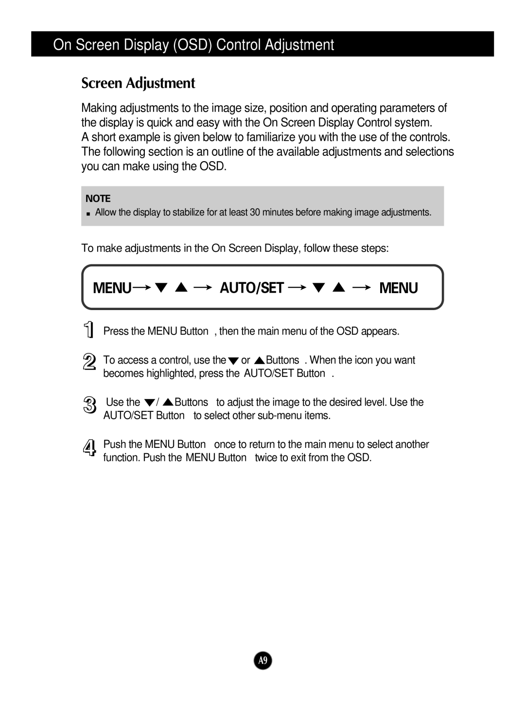 LG Electronics W1642S manual On Screen Display OSD Control Adjustment, Screen Adjustment 