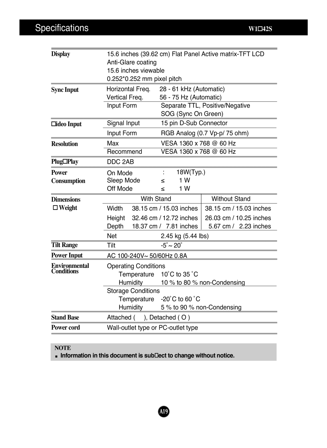 LG Electronics W1642S manual Specifications 