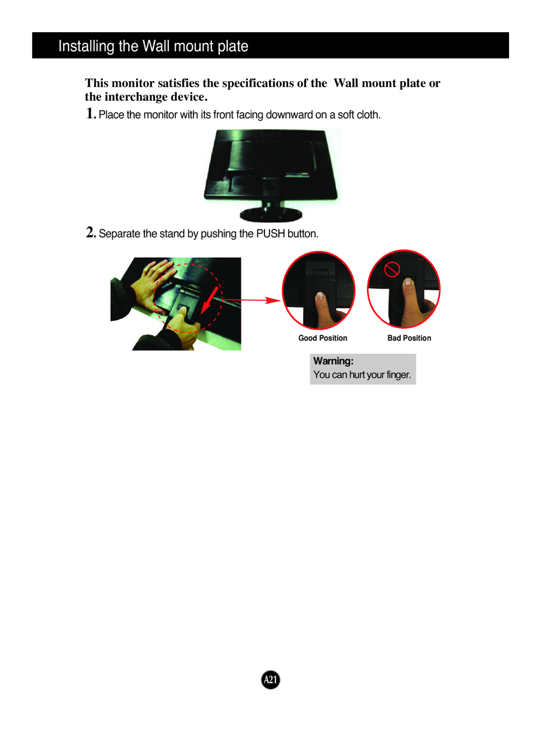 LG Electronics W1642S manual Installing the Wall mount plate 