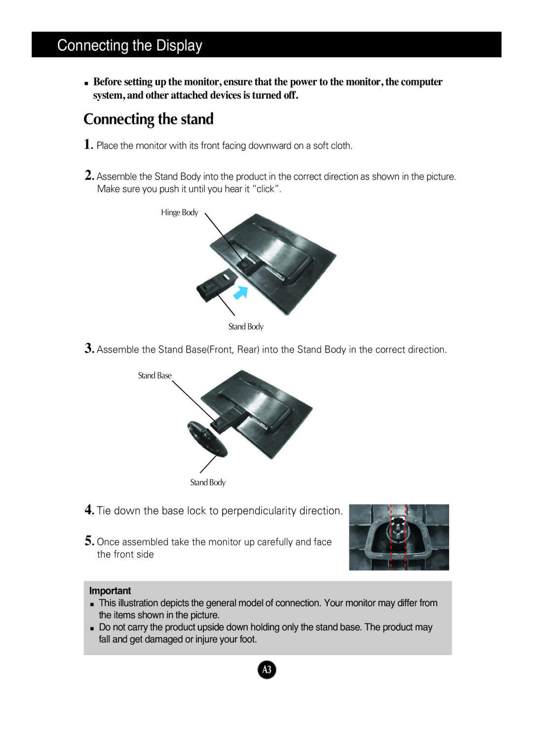 LG Electronics W1642S manual Connecting the Display, Connecting the stand 