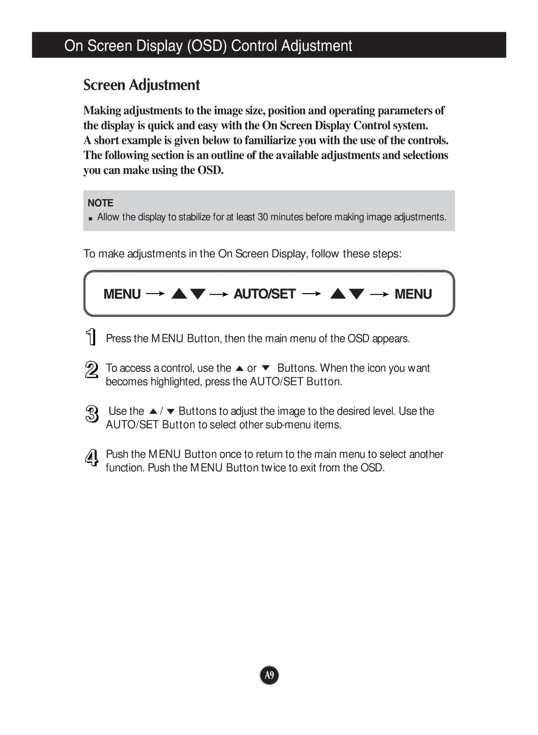 LG Electronics W1934S manual On Screen Display OSD Control Adjustment, Screen Adjustment 