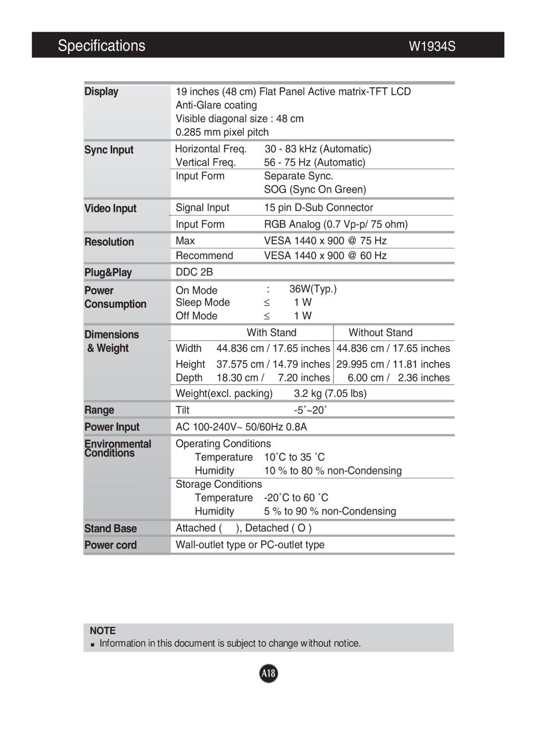 LG Electronics W1934S manual Specifications 