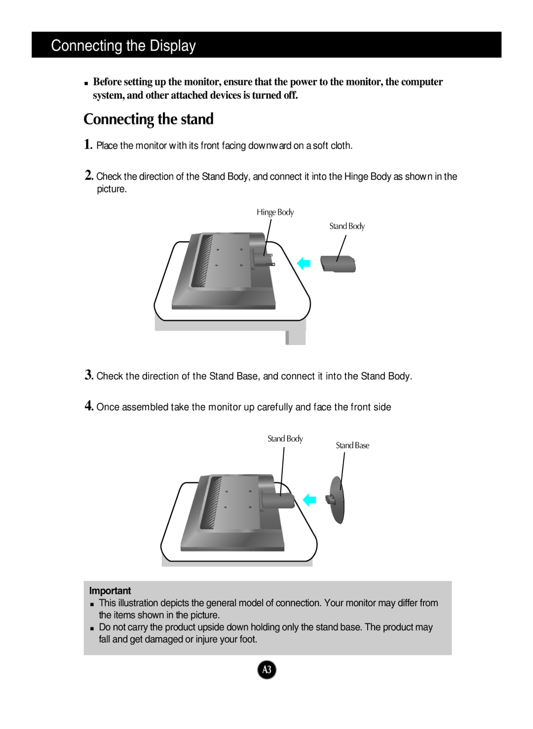 LG Electronics W1934S manual Connecting the Display, Connecting the stand 