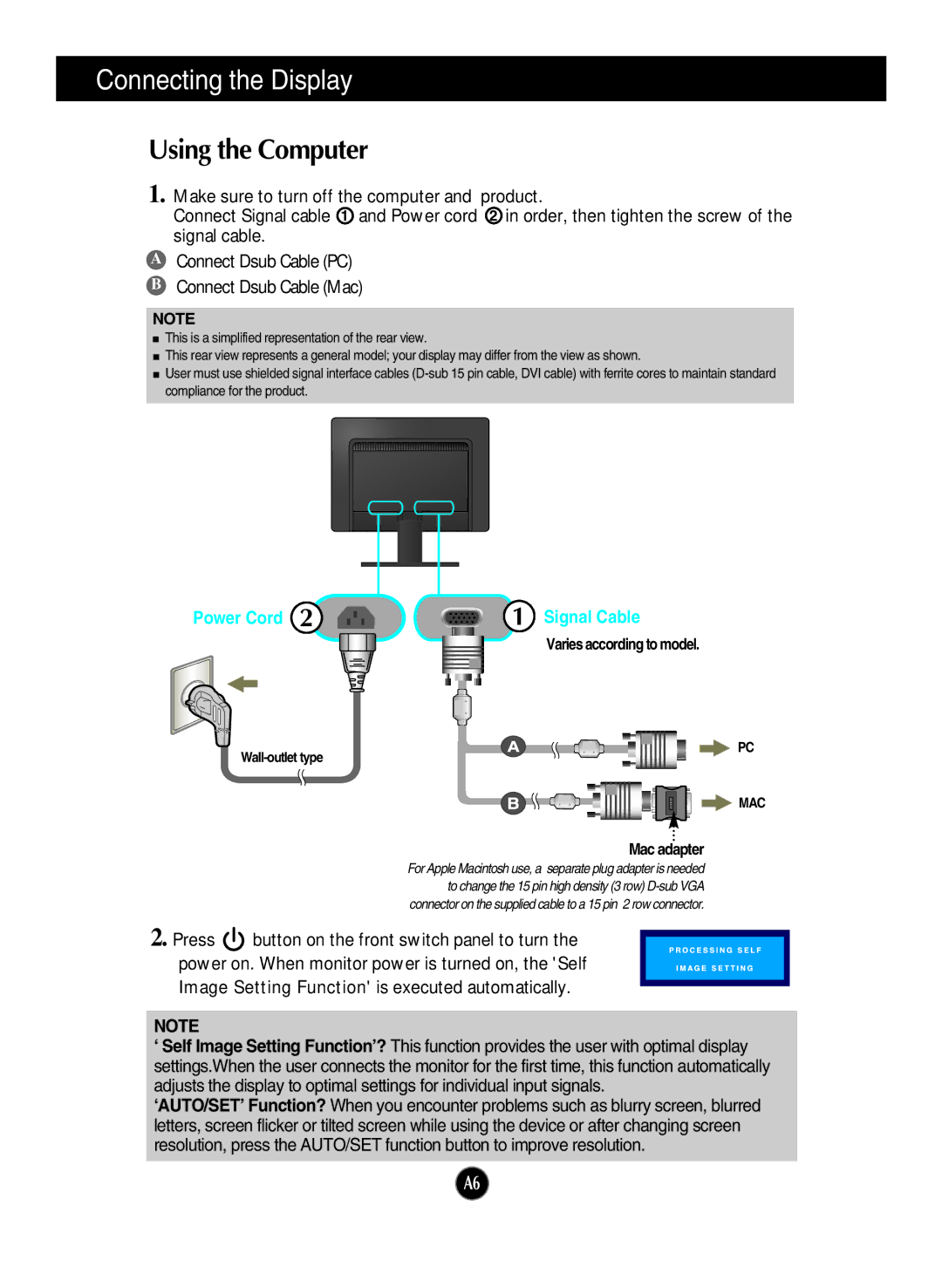 LG Electronics W1934S manual Using the Computer, Power Cord 2 1 Signal Cable 