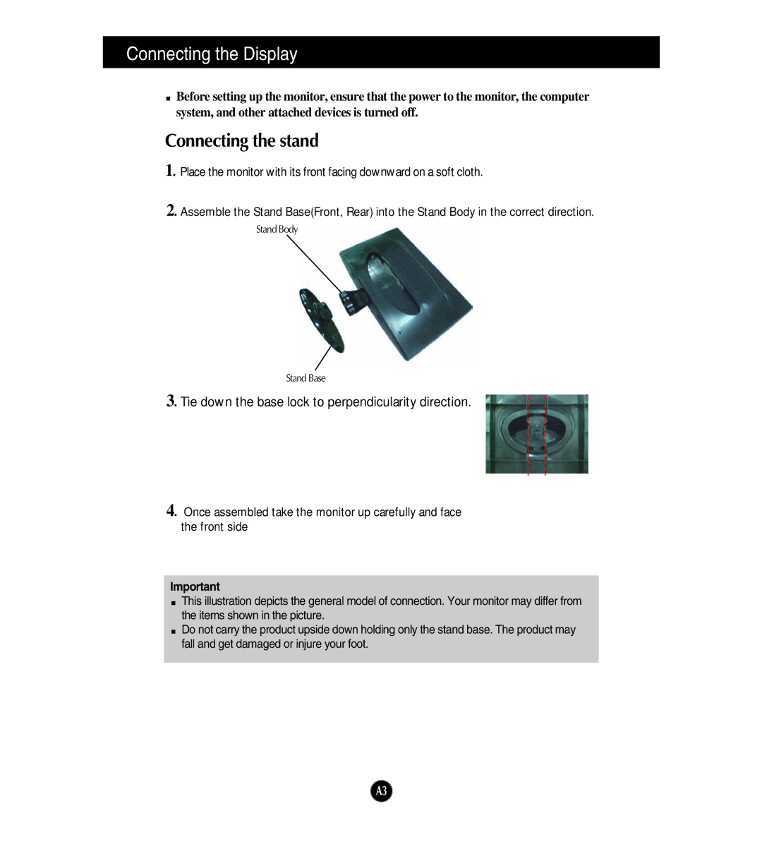 LG Electronics W1943T manual Connecting the Display, Connecting the stand 