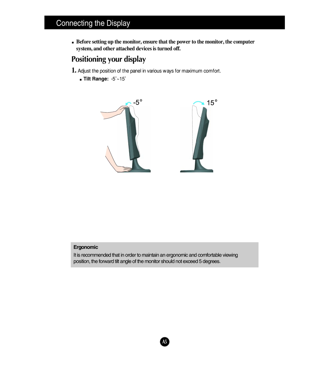 LG Electronics W1943T manual Positioning your display, Tilt Range -5˚~15˚ Ergonomic 