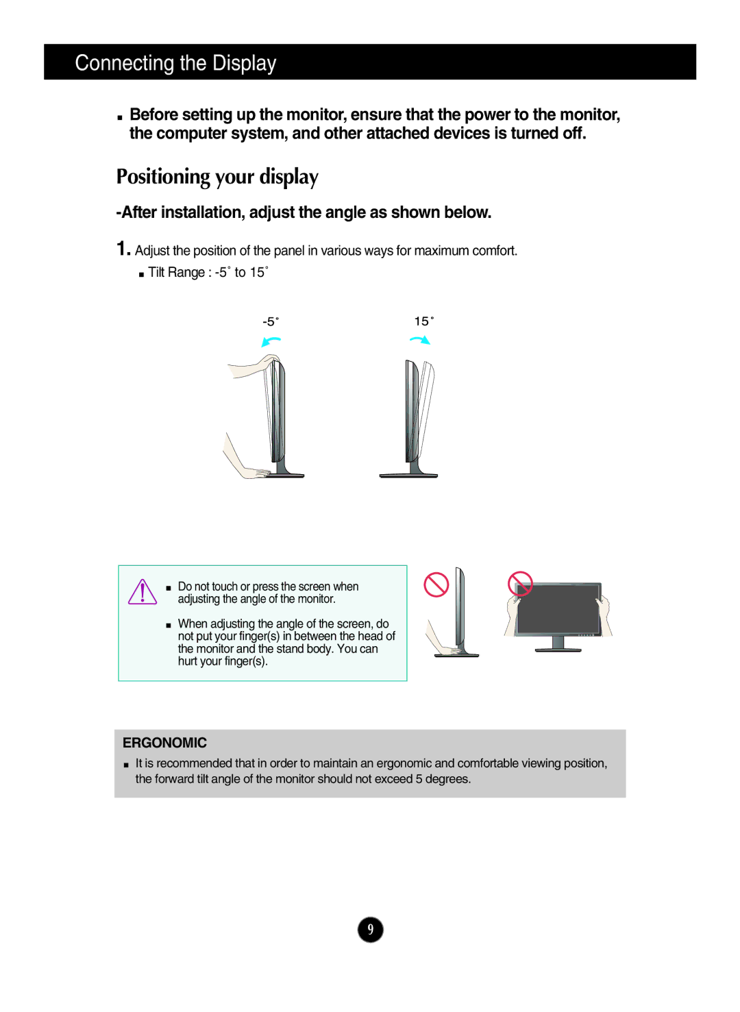 LG Electronics W1946SN, W2346S, W2246S, W2046S, W1946T W1946TN W2046T W2246T manual Positioning your display, Ergonomic 