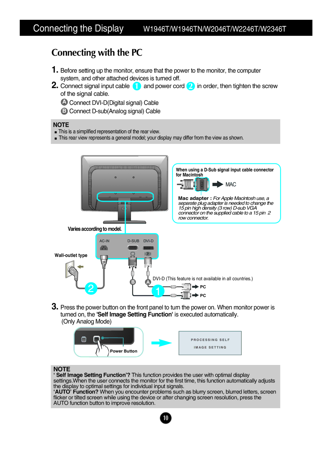 LG Electronics W2346S, W1946SN, W2246S, W2046S manual Connecting with the PC, Varies according to model 