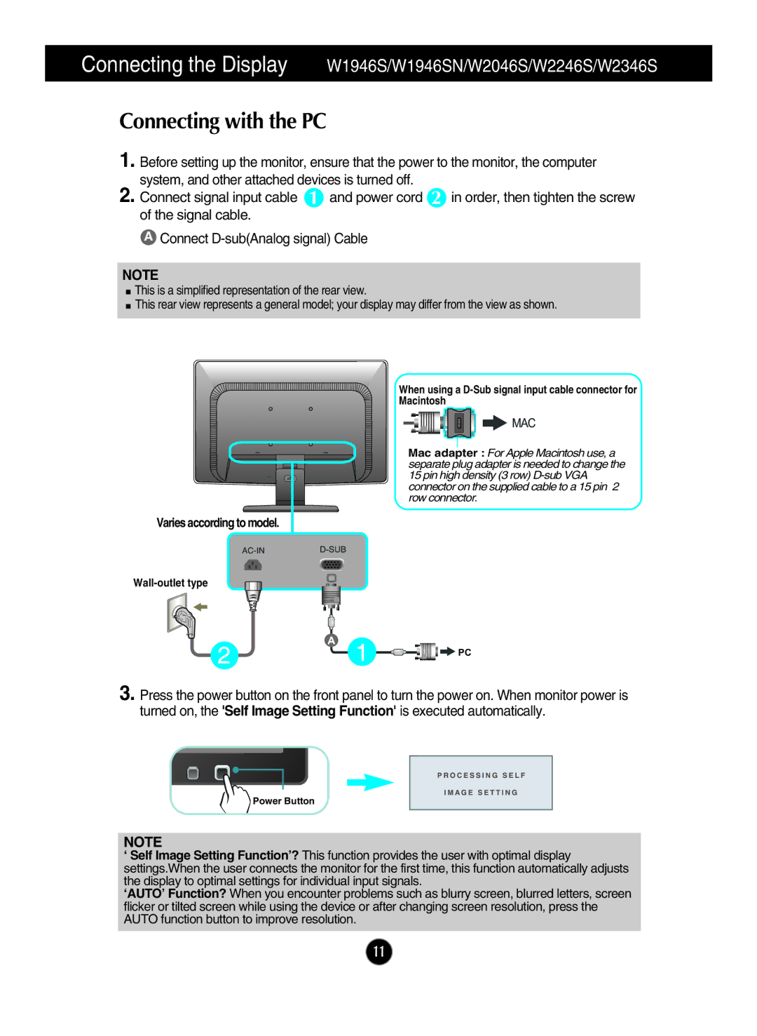 LG Electronics W1946T W1946TN W2046T W2246T manual Connecting the Display W1946S/W1946SN/W2046S/W2246S/W2346S 