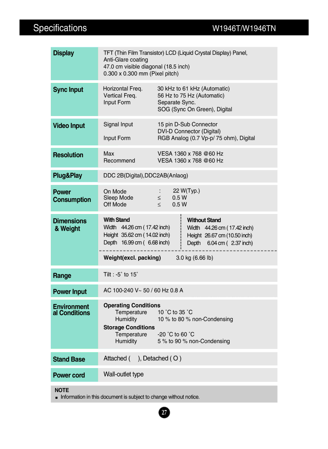 LG Electronics W2046S, W1946SN, W2346S, W2246S, W1946T W1946TN W2046T W2246T manual Specifications, W1946T/W1946TN 