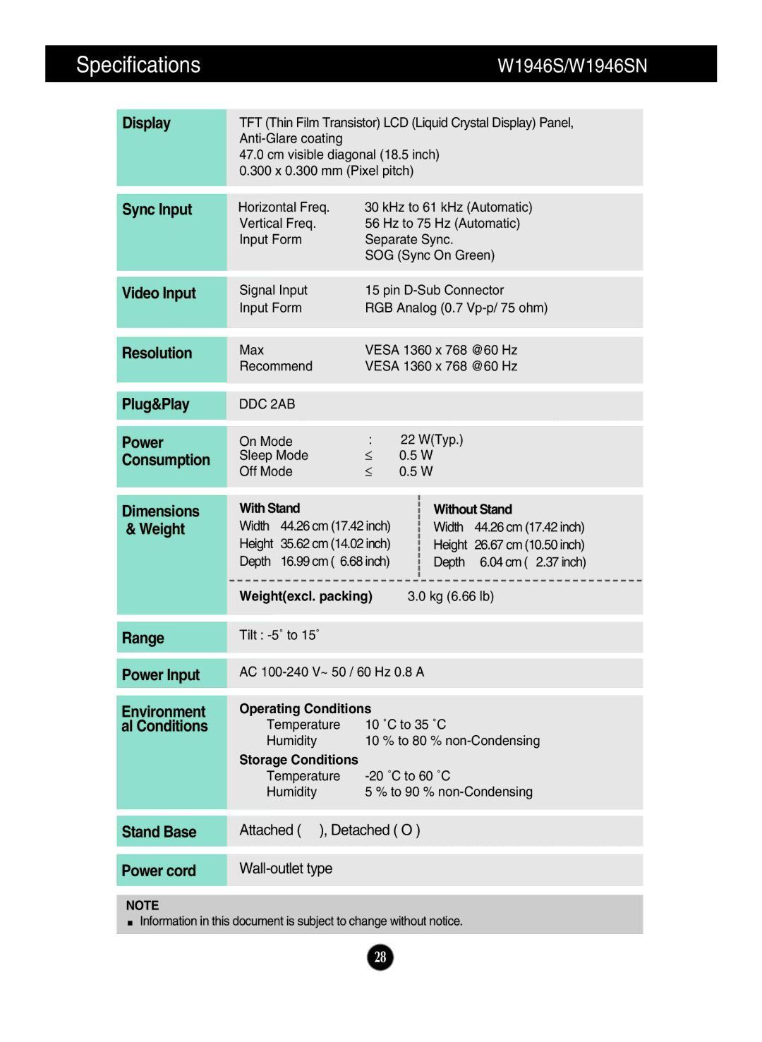 LG Electronics W1946T W1946TN W2046T W2246T, W2346S, W2246S, W2046S manual W1946S/W1946SN 