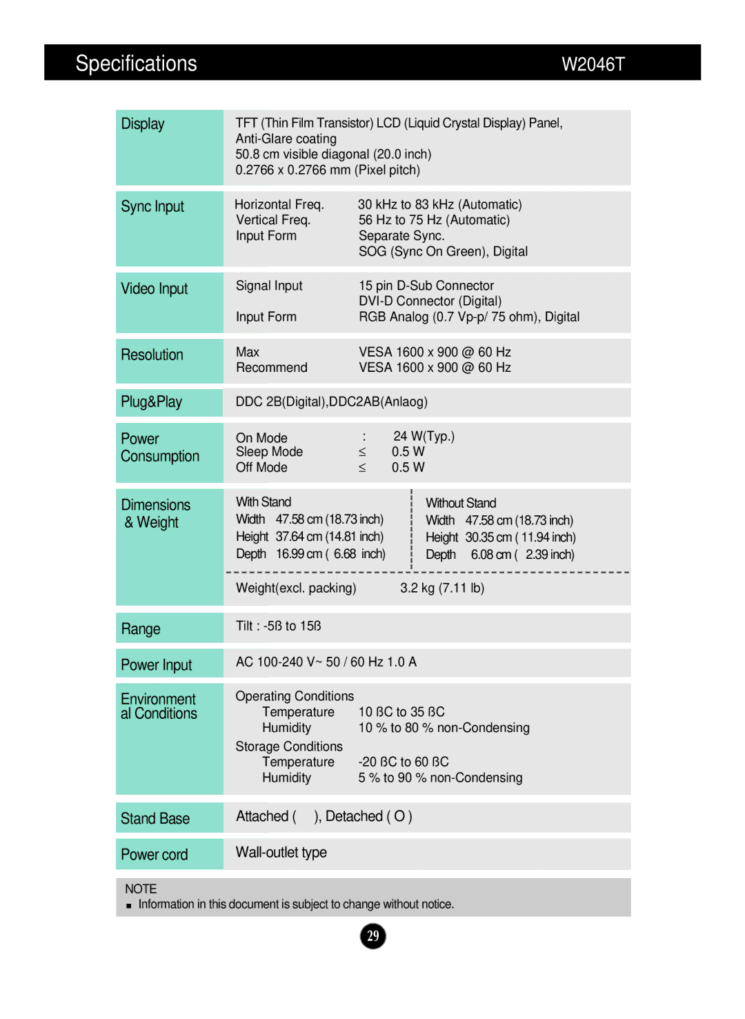 LG Electronics W1946SN, W2346S, W2246S, W2046S, W1946T W1946TN W2046T W2246T manual 