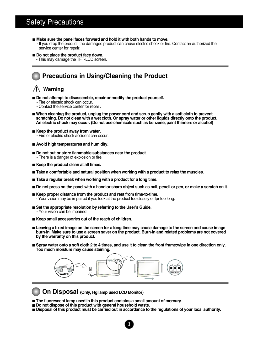 LG Electronics W1946T W1946TN W2046T W2246T, W1946SN, W2346S, W2246S, W2046S manual Precautions in Using/Cleaning the Product 