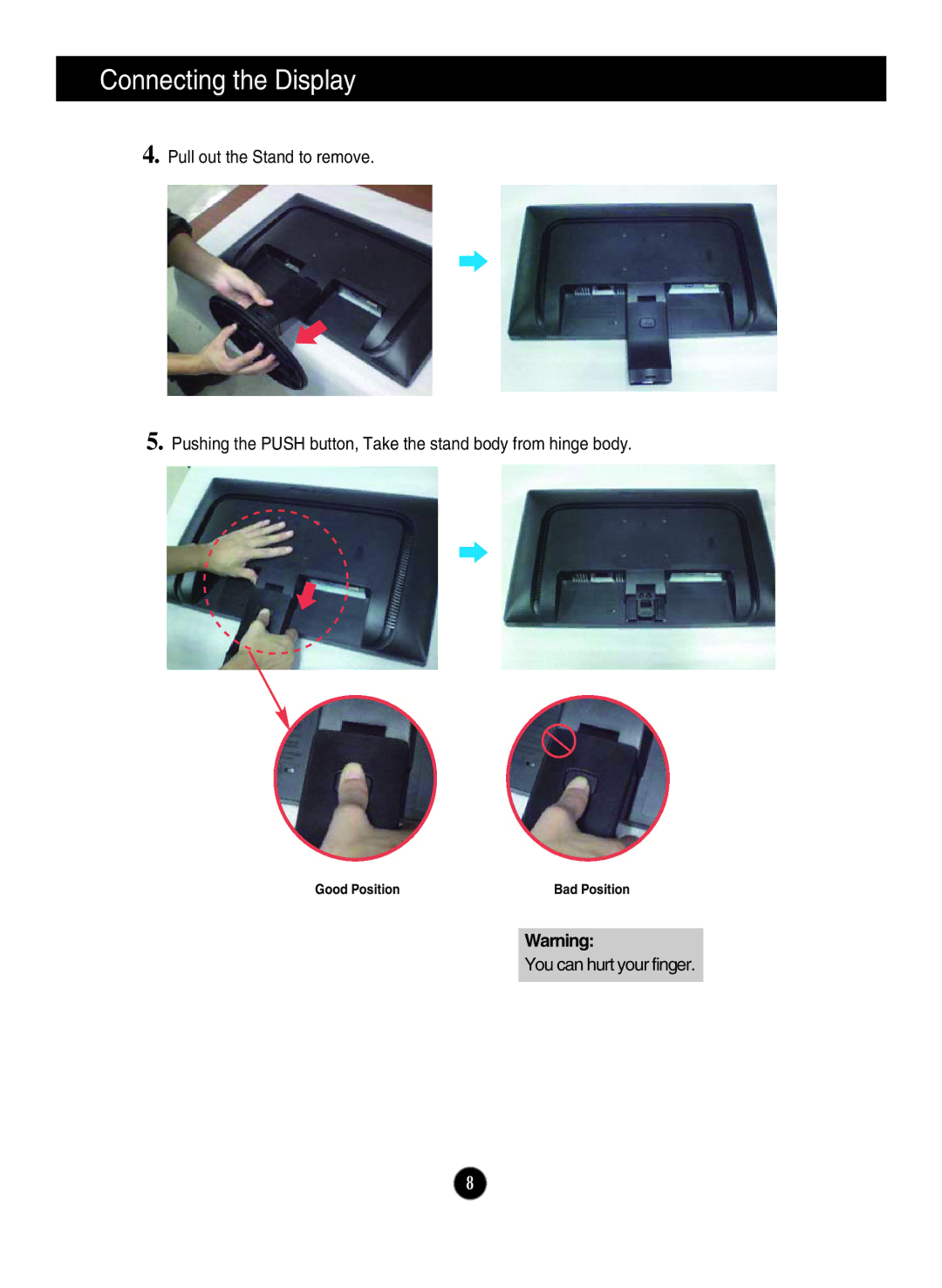 LG Electronics W1946T W1946TN W2046T W2246T, W1946SN, W2346S, W2246S, W2046S manual You can hurt your finger 