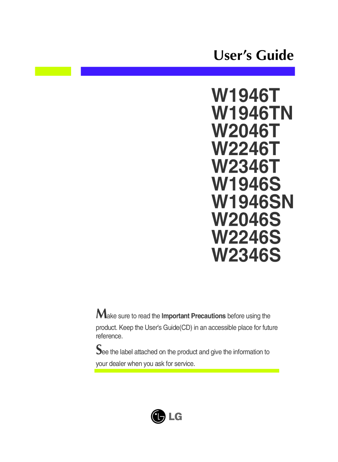 LG Electronics W1946SN, W1946TN, W2346S, W2346T, W2246S, W2246T, W2046S, W2046T manual User’s Guide 