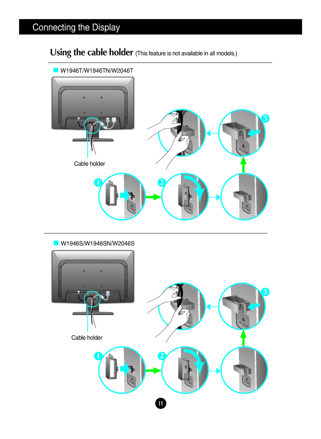 LG Electronics W1946TN, W1946SN, W2346S, W2346T, W2246S, W2246T, W2046S, W2046T manual Connecting the Display 