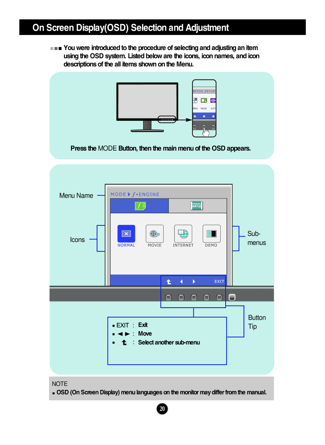 LG Electronics W1946SN, W1946TN, W2346S, W2346T, W2246S, W2246T, W2046S, W2046T manual Exit Move Select another sub-menu 