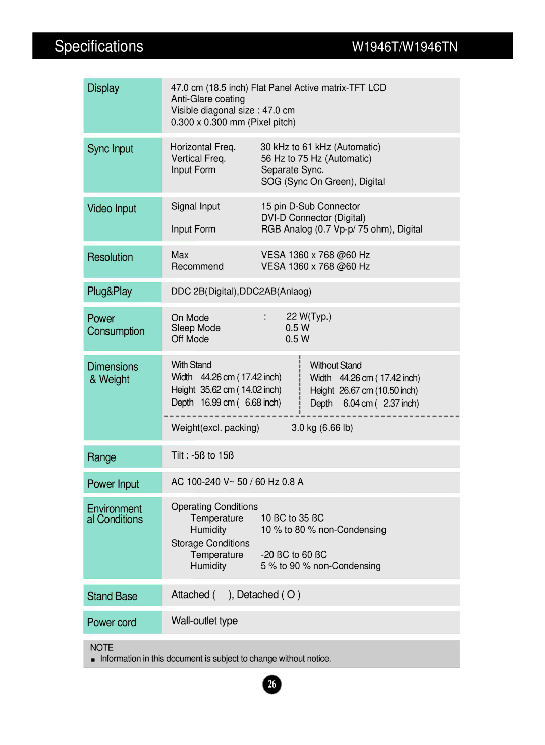 LG Electronics W2246T, W1946SN, W2346S, W2346T, W2246S, W2046S, W2046T manual Specifications, W1946T/W1946TN 