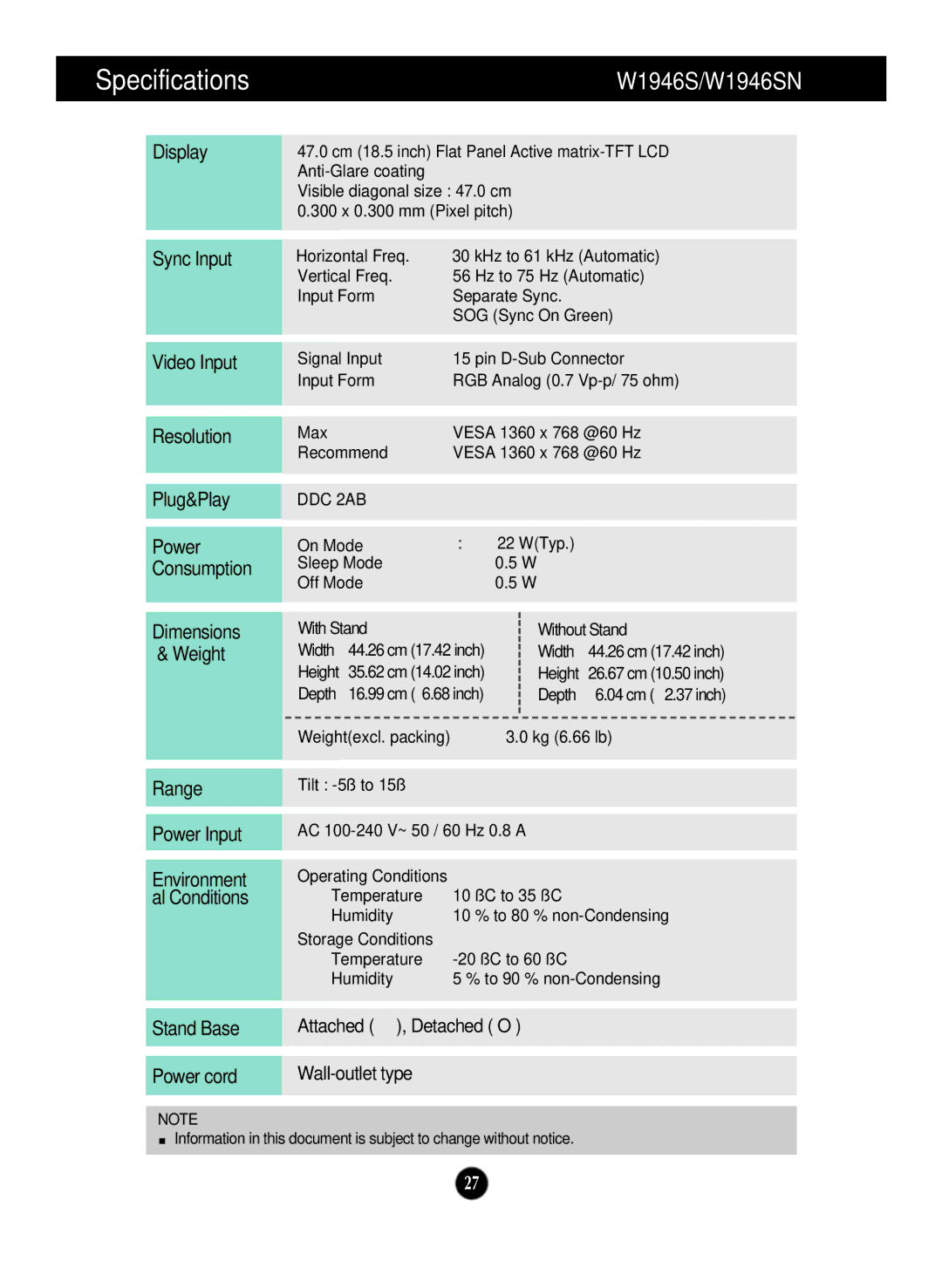 LG Electronics W2046S, W1946TN, W2346S, W2346T, W2246S, W2246T, W2046T manual W1946S/W1946SN 