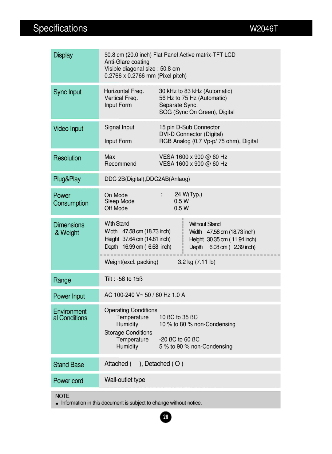 LG Electronics W2046T, W1946TN, W1946SN, W2346S, W2346T, W2246S, W2246T, W2046S manual 