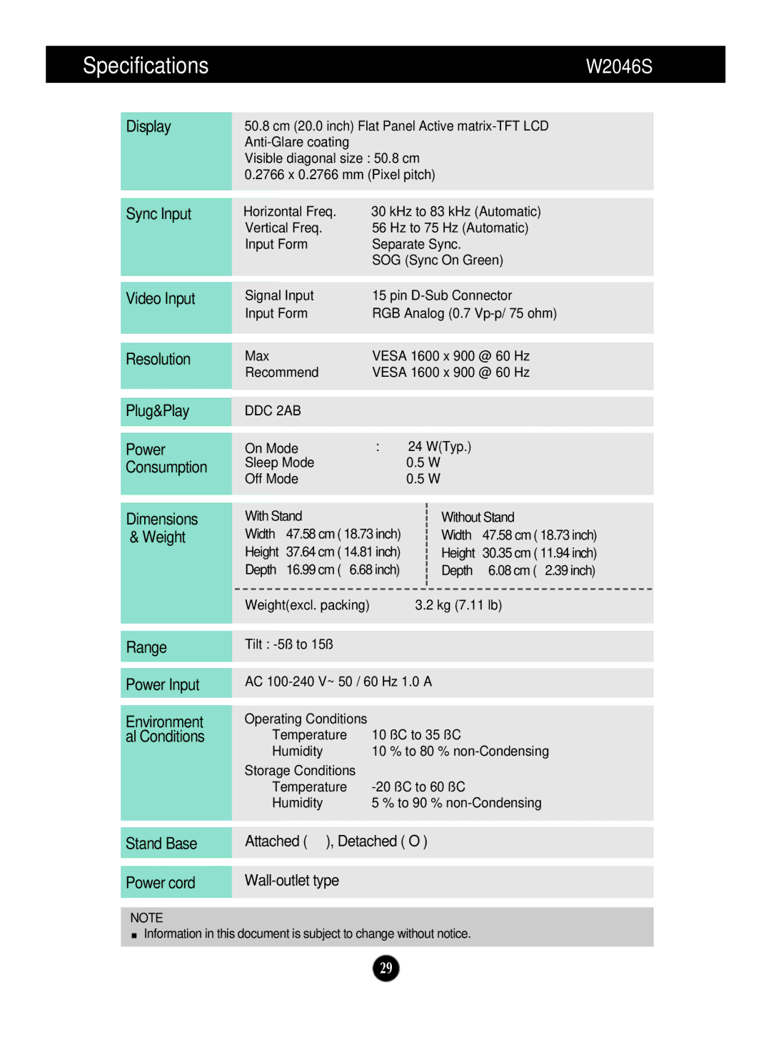 LG Electronics W1946TN, W1946SN, W2346S, W2346T, W2246S, W2246T, W2046T manual W2046S 