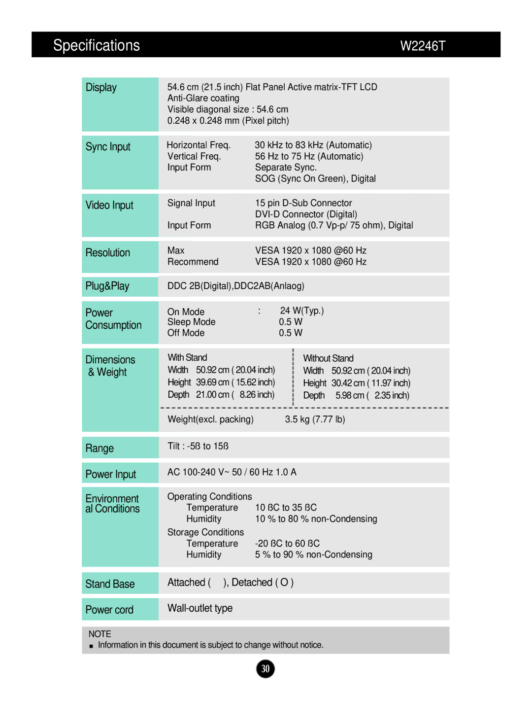 LG Electronics W1946SN, W1946TN, W2346S, W2346T, W2246S, W2046S, W2046T manual W2246T 