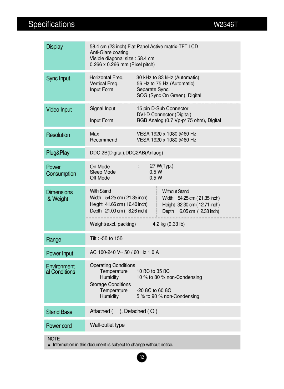 LG Electronics W1946TN, W1946SN, W2346S, W2246S, W2246T, W2046S, W2046T manual W2346T 