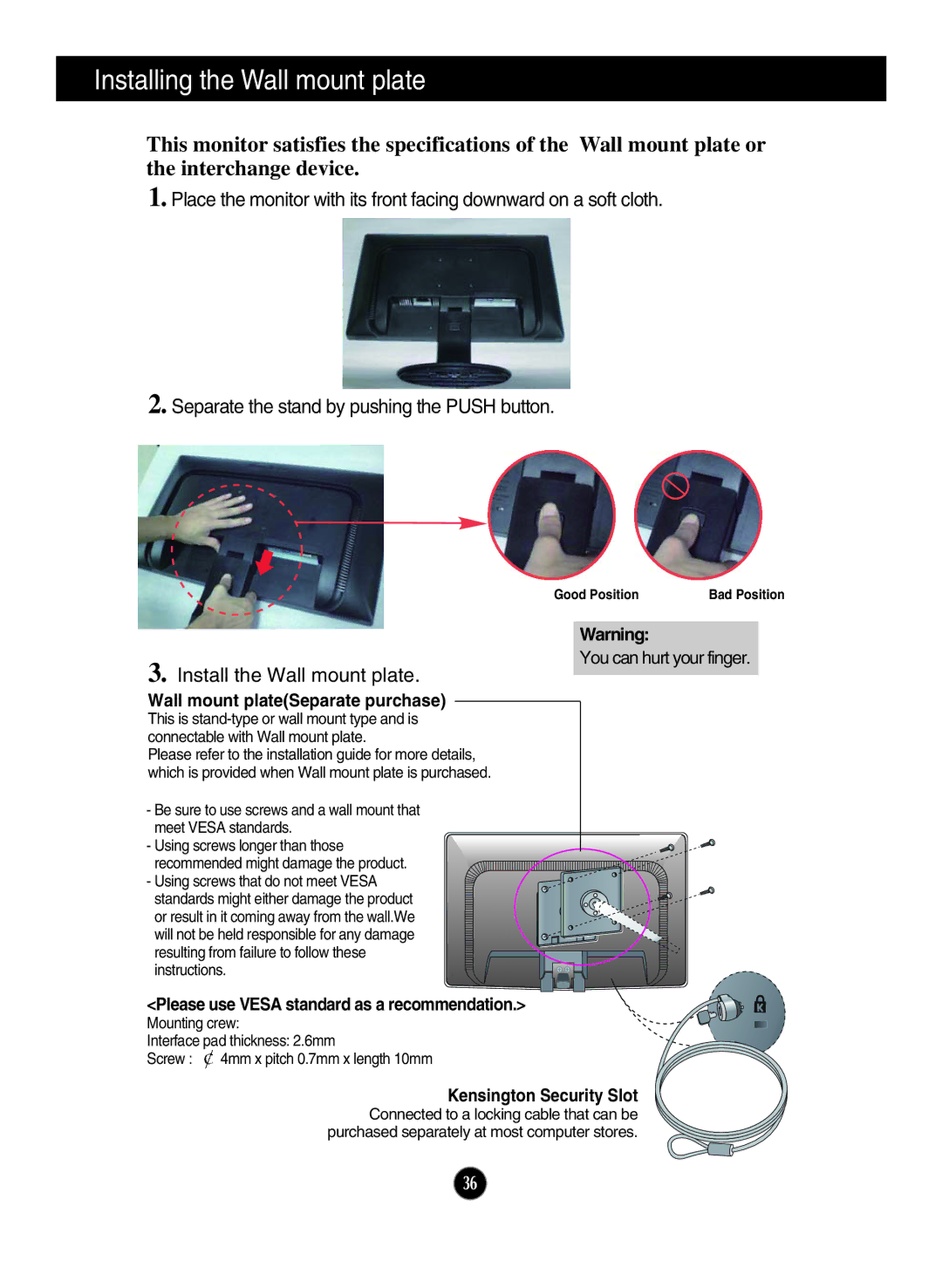 LG Electronics W2246T, W1946TN, W1946SN, W2346S, W2346T, W2246S Installing the Wall mount plate, Install the Wall mount plate 