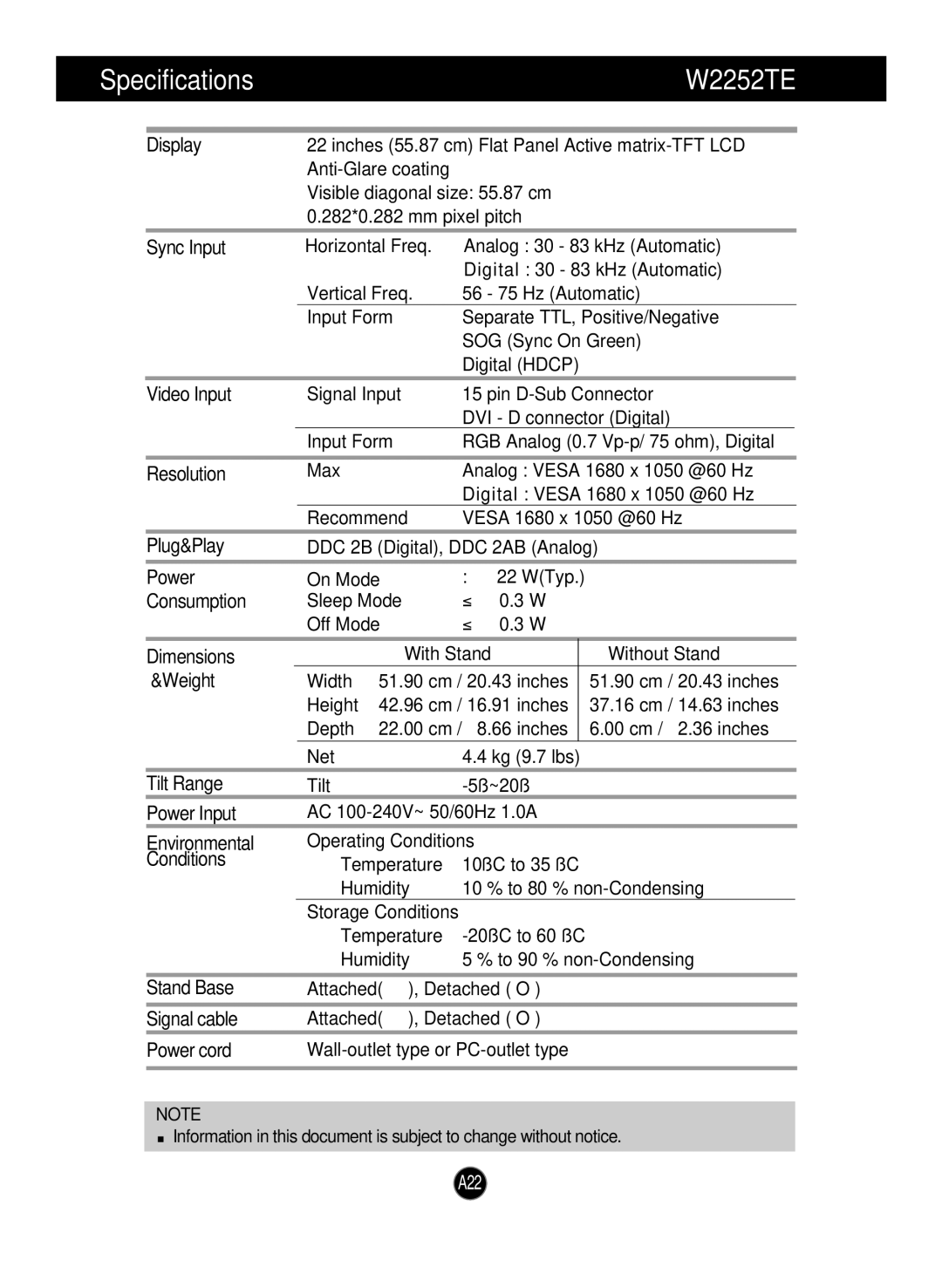 LG Electronics W1952TE manual Specifications W2252TE 