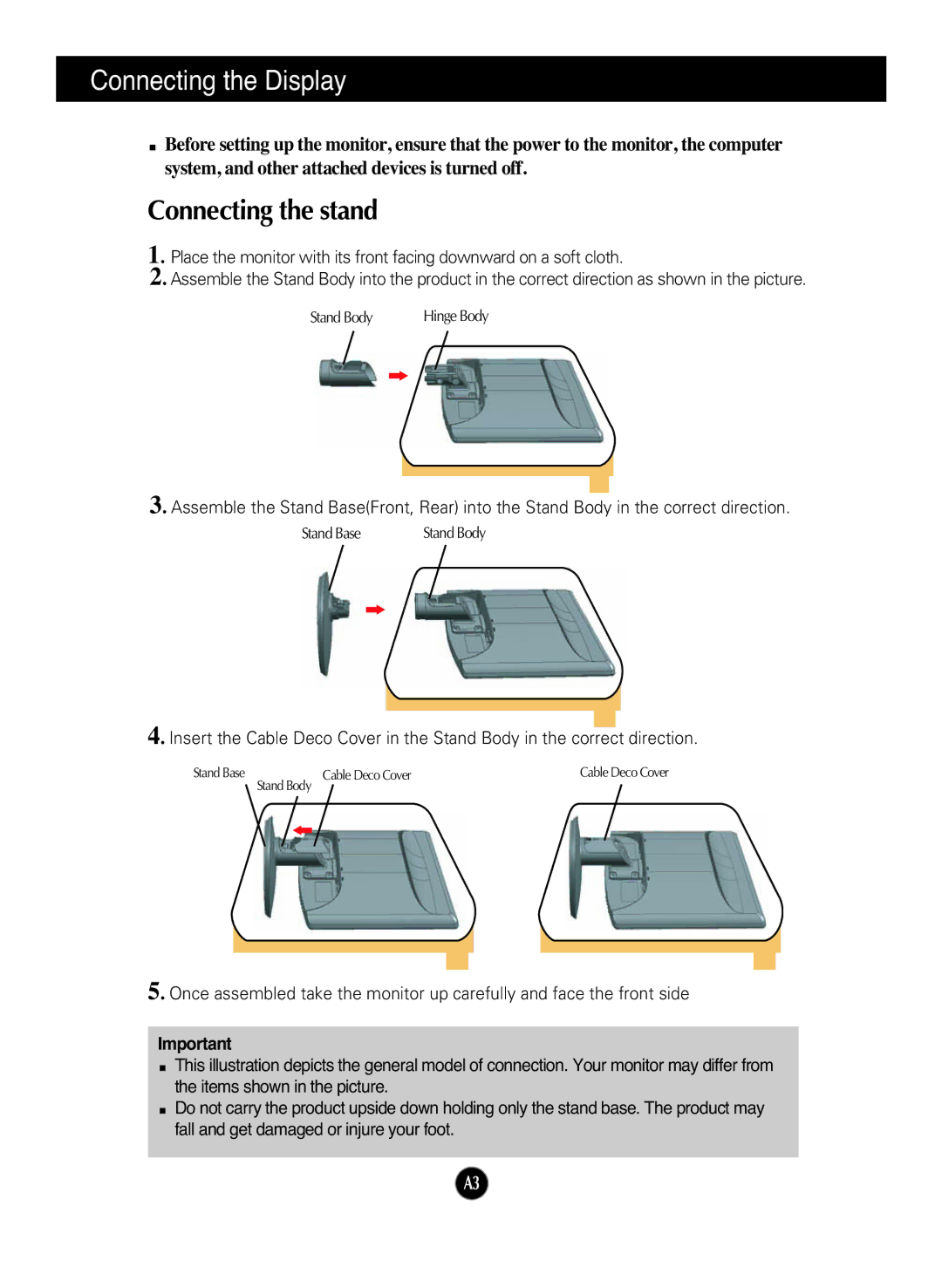 LG Electronics W1952TQ, W2252TQ manual Connecting the Display, Connecting the stand 