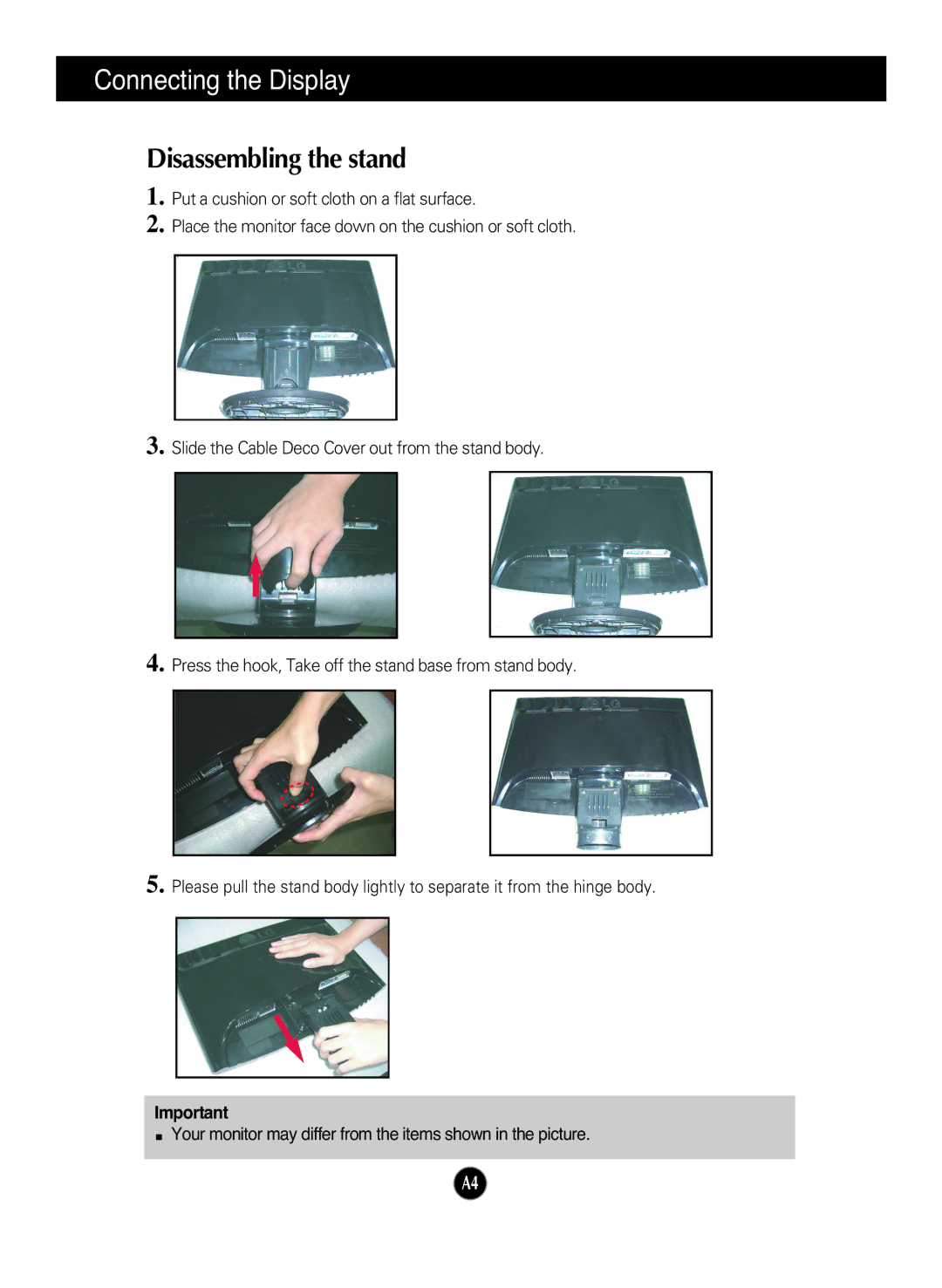 LG Electronics W2252TQ, W1952TQ manual Disassembling the stand 