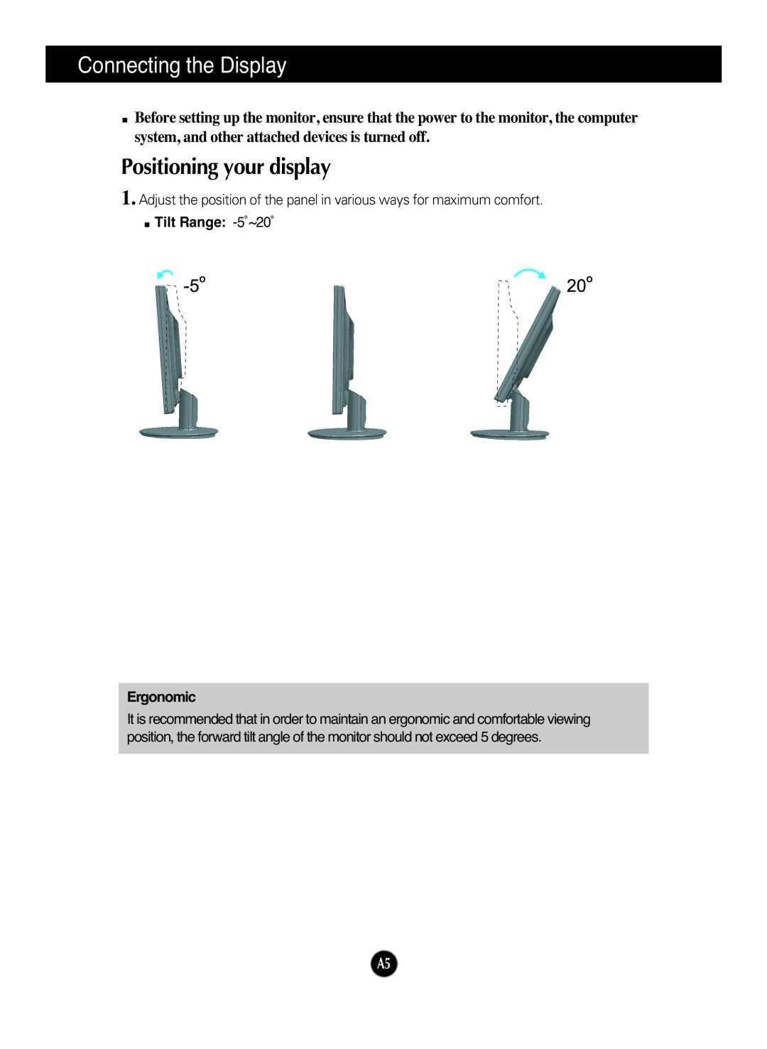 LG Electronics W1952TQ, W2252TQ manual Positioning your display, Tilt Range -5˚~20˚ Ergonomic 