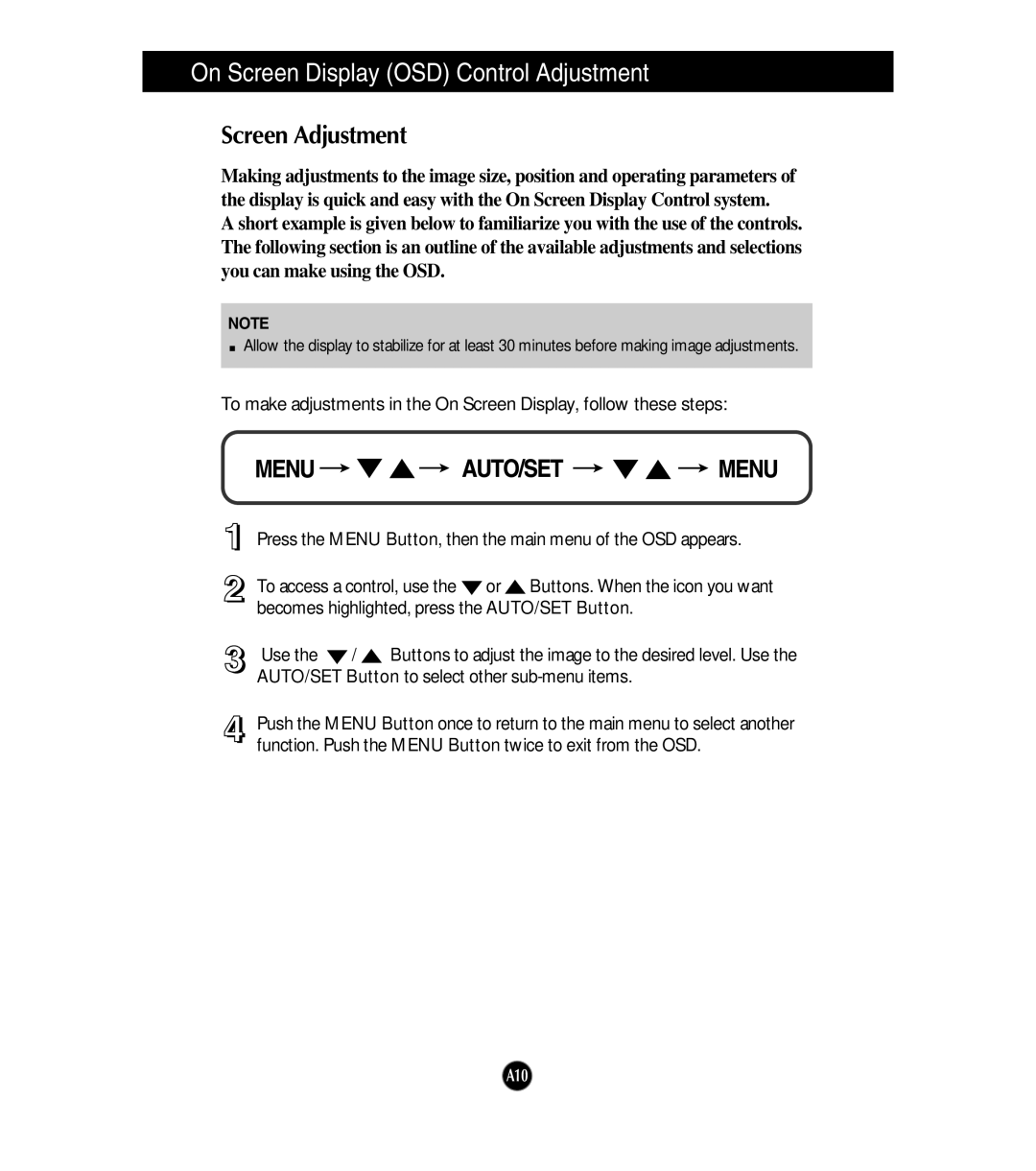 LG Electronics W1954S manual On Screen Display OSD Control Adjustment, Screen Adjustment 