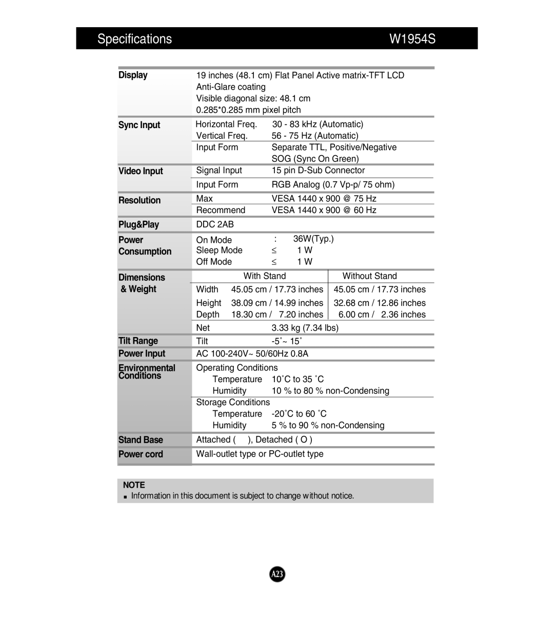 LG Electronics manual Specifications W1954S, Display 