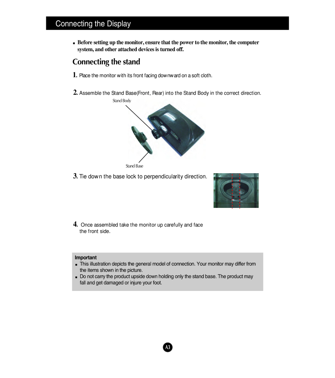 LG Electronics W1954S manual Connecting the Display, Connecting the stand 