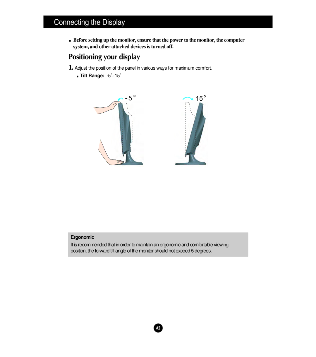 LG Electronics W1954S manual Positioning your display, Tilt Range -5˚~15˚ Ergonomic 