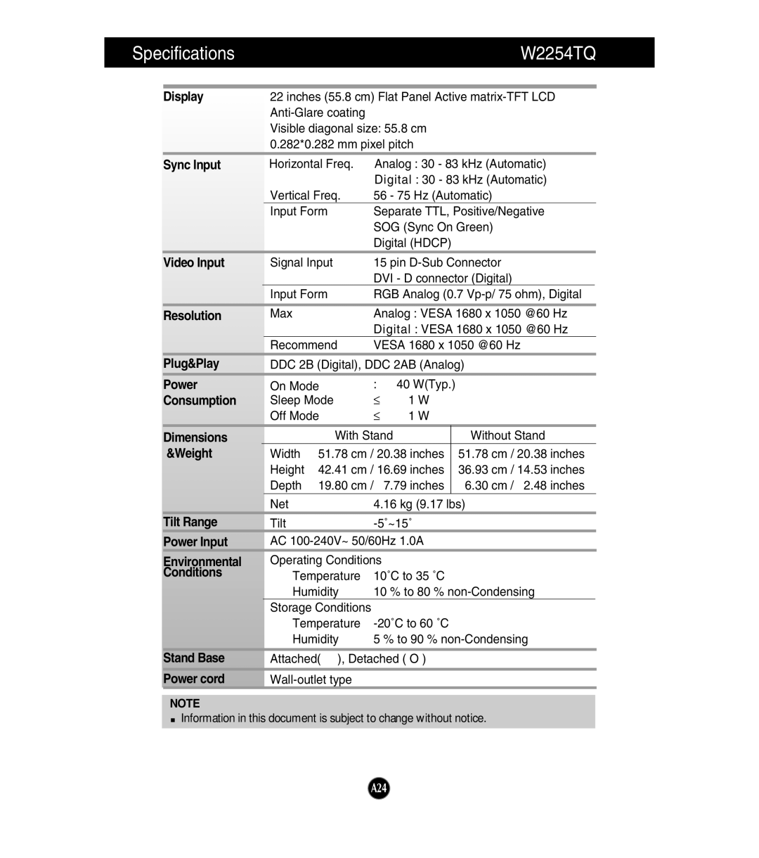 LG Electronics W1954TQ manual Specifications W2254TQ 