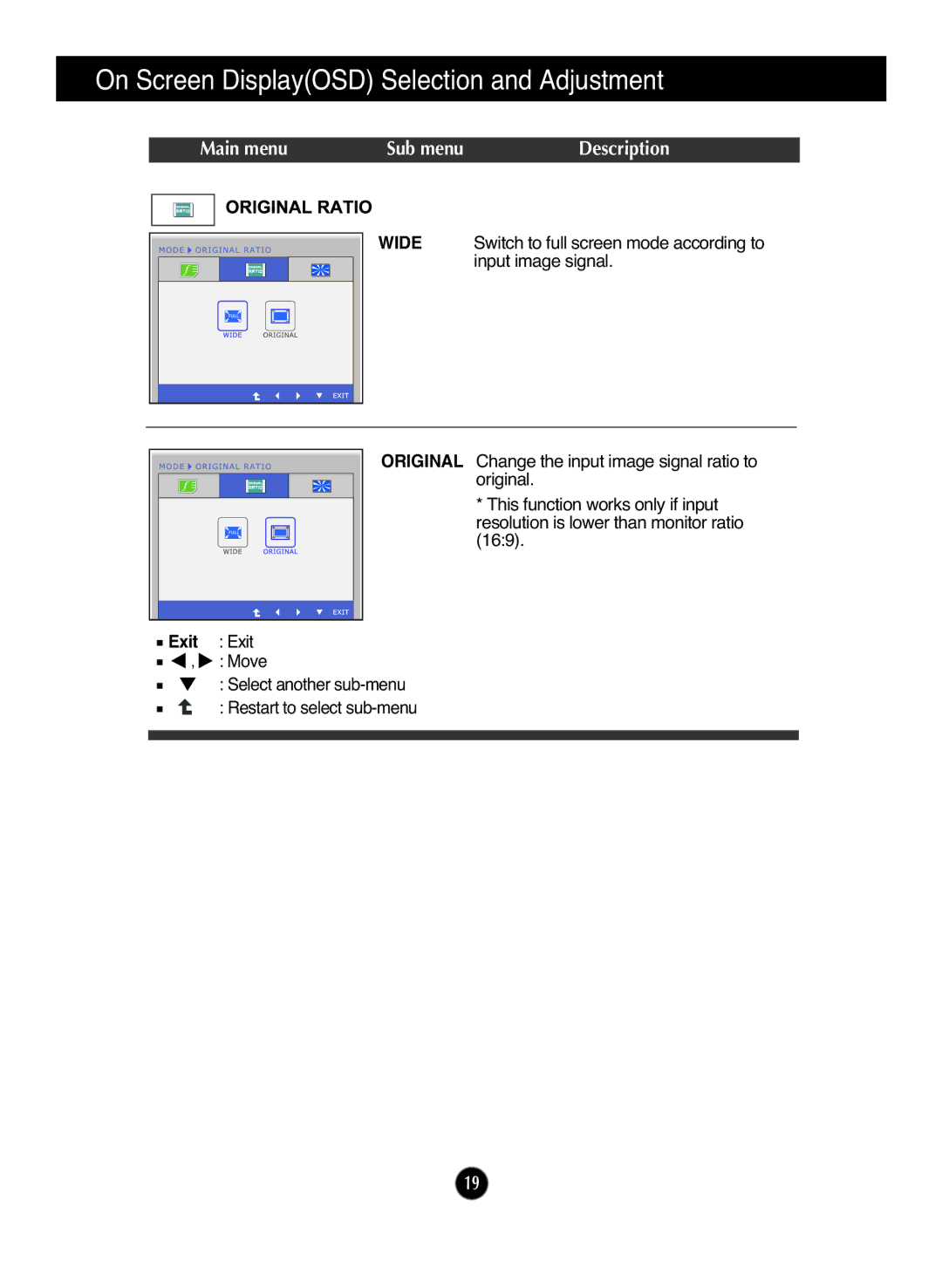 LG Electronics W2240T, W2040T, W2340T manual On Screen DisplayOSD Selection and Adjustment 