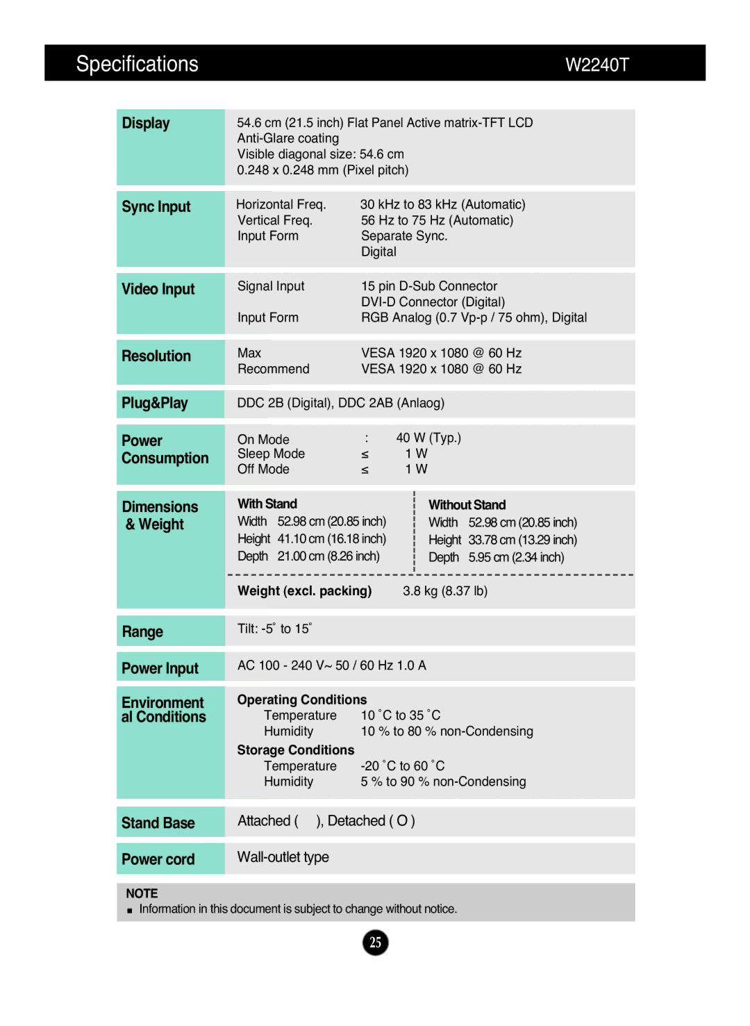 LG Electronics W2240T, W2040T, W2340T manual 