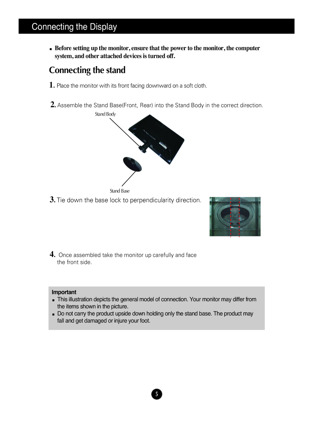 LG Electronics W2040T, W2340T, W2240T manual Connecting the Display, Connecting the stand 