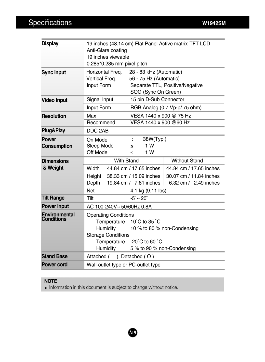 LG Electronics W2242SM, W2042SM, W1942SM manual Specifications 